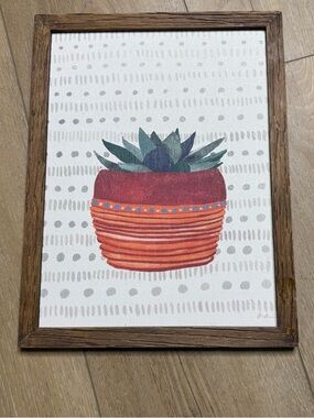 Wood Framed Succulent Canvas Art — Red & Orange Planter 15.5x12